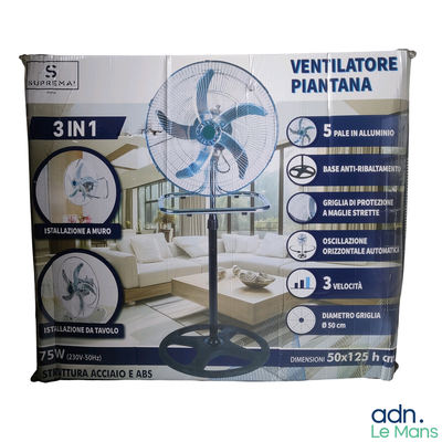 une photo d'une boîte contenant un ventilateur, sur laquelle figurent des instructions
