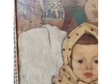 une peinture à l'huile représentant un bébé portant une écharpe jaune et un foulard jaune