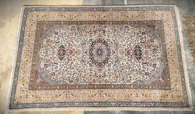 an oriental rug on the floor in a room with a tile floor