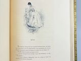 an open book with a drawing of a woman in a white dress