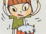 drawing of a girl playing a drum with a pair of drums