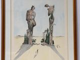 tableau représentant deux personnages dans un paysage désertique parsemé d'arbres et de buissons