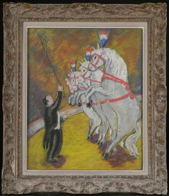 painting of a man leading a group of horses with a man in a tuxedo