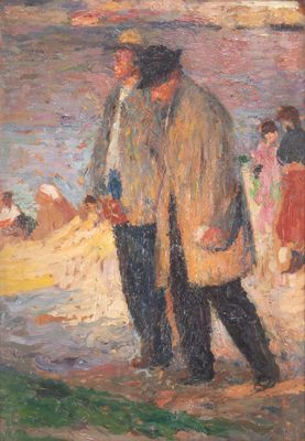 une peinture à l'huile représentant un homme et une femme marchant sur une plage
