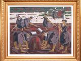 painting of a group of men playing instruments on a beach