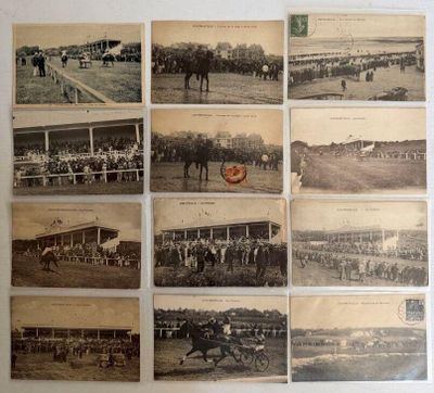 plusieurs vieilles photographies en noir et blanc représentant des chevaux et des jockeys dans un champ