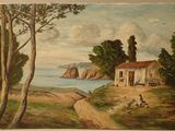 painting of a painting of a house on a hill overlooking a body of water