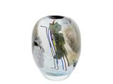a glass vase with a painting of a bird on it
