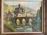 a painting of a bridge over a river with a castle in the background