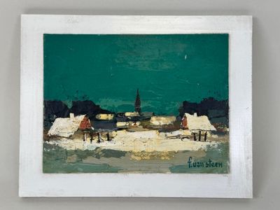 an image of a painting of a beach scene with a church in the background