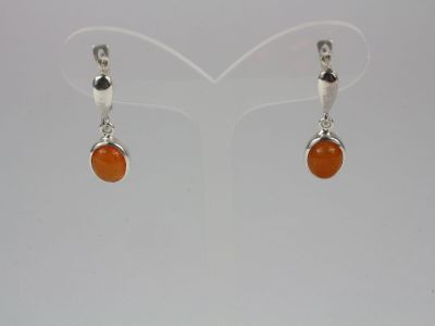 a pair of earrings with orange glass beads on a white background