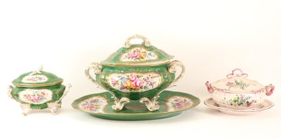 a green and white tea set on a white table