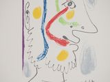 drawing of a man ' s face with different colored lines on his face