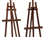pair of wooden easets on stands against a white background
