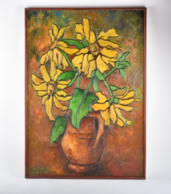 peinture représentant des fleurs jaunes dans un vase marron sur fond blanc