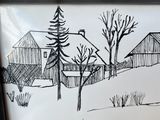 a picture of a drawing of a farm in the snow