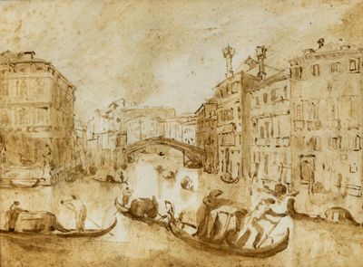 drawing of a canal with boats and people on it