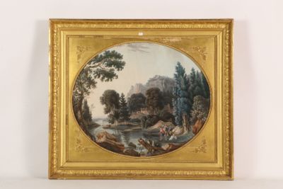 an image of a painting of a landscape with a river in the foreground