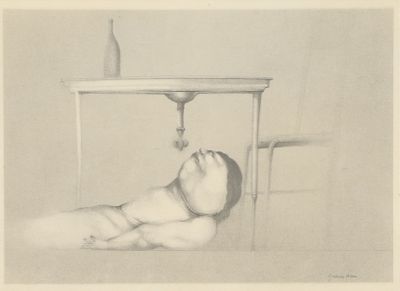 un dessin représentant un bébé allongé par terre sous une table