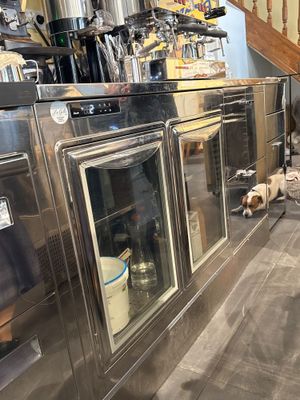 un chien allongé par terre dans la cuisine