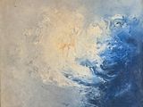 une peinture à l'huile représentant une vague bleue et blanche dans l'océan