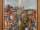 un tableau représentant une vue de ville avec une église en arrière-plan