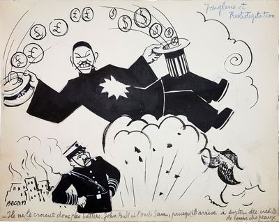 drawing of a cartoon of a man in a top hat flying through the air