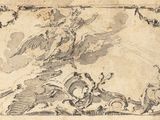 a drawing of a man on a horse and a woman on a horse