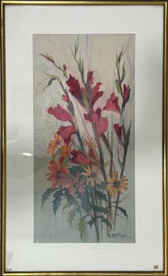 painting of a bouquet of flowers in a gold frame on a white wall