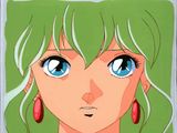 anime girl with green hair and blue eyes in front of a green background