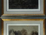 two framed pictures of a river scene with a house and trees in the background
