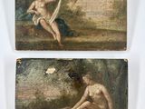 deux tableaux représentant des nus dans un décor boisé, dont l'un est assis par terre