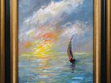 an oil painting of a sailboat in the ocean at sunset
