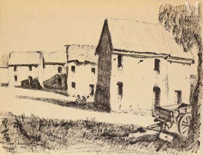 une image représentant un dessin d'un bâtiment devant lequel se trouve une calèche