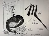 drawing of a black and white image of a woman with a hat and scissors