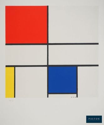 une peinture composée de carrés et de rectangles rouges, jaunes, bleus et noirs