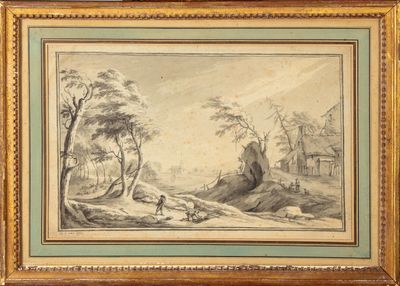un dessin représentant un paysage avec un homme et un chien au premier plan