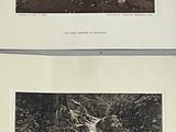 two black and white photographs of a volcano and a waterfall