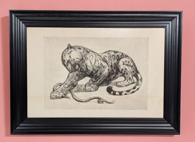 un dessin en noir et blanc représentant un tigre sur un mur rose