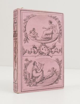 un vieux livre rose avec une illustration représentant une femme et un homme dans un bateau