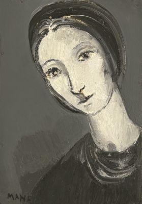 painting of a woman in a black dress with a turban on her head
