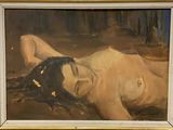 an oil painting of a nude woman laying down on the ground