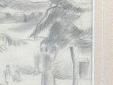 pencil drawing of a man standing in front of a mountain with a horse