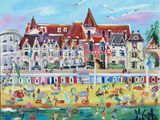 une peinture à l'huile représentant une scène de plage avec des personnes sur la plage