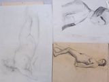 several drawings of a man laying on the ground next to a table
