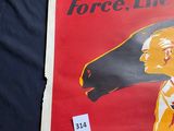 a red poster with a picture of a woman and a horse on it