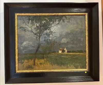 tableau représentant une maison dans un champ, avec un arbre au premier plan