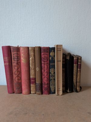 plusieurs vieux livres sont alignés sur une table