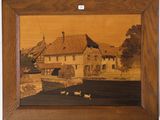 une image représentant un tableau illustrant une scène de vie à la ferme, dans un cadre en bois