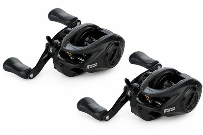 a pair of black fishing reels on a white background